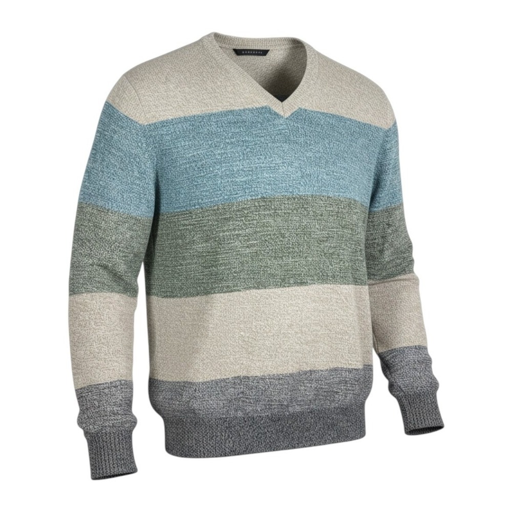 Sean John Men Size 2XL V Neck Striped Long Sleeve Pullover Sweater Cotton